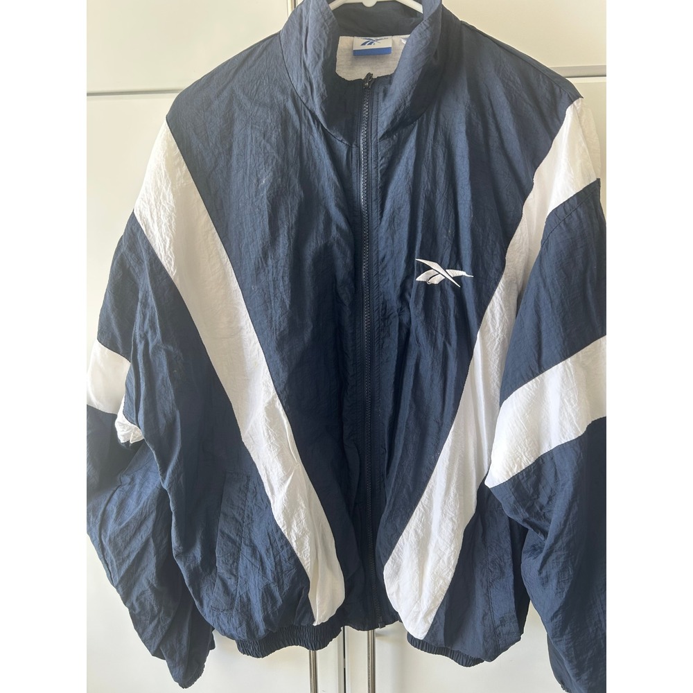 Vintage Reebok Track Jacket Navy White Colorblock Windbreaker Mens Large 90s - Picture 3 of 9